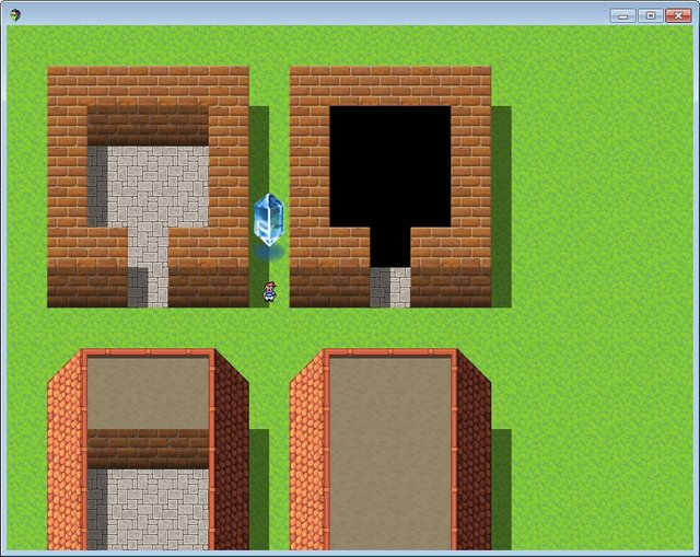 昔のドラクエのように建物の外からは黒い覆いがあり建物に入らないと中が見えない…という演出を想定。 ここではテストですので、クリスタルを調べると左右の建物の中身を逆にします。