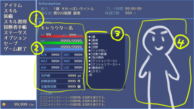 FTKR_CSS_MenuStateを利用して、メニュー画面に現在掛かっているステート一覧を表示したい ステータス画面案.png
